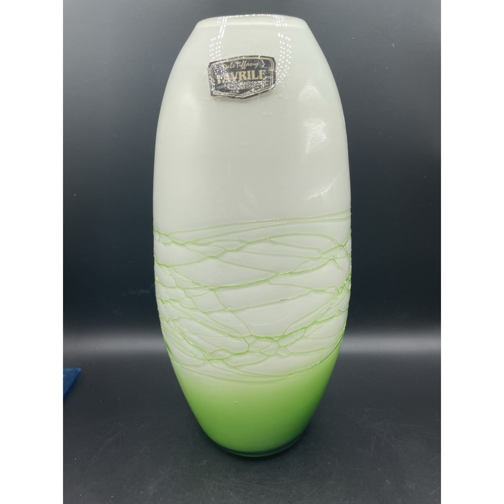 Vintage 1990s Dale Tiffany Favrile Handblown Art Glass Vase Green & White 10"